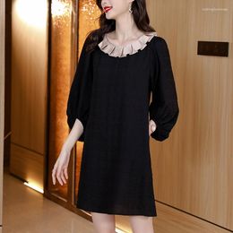 Casual Dresses Chiffon Women's Mid Length Dress Fashion Loose In Summer Splicing Lotus Leaf Collar 3/4 Sleeve Female Clothing