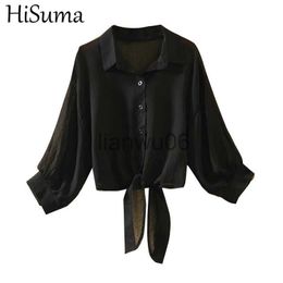 Women's Blouses Shirts Summer Lantern Sleeve Turndown Collar Women Bandage Strap Basic Shirt Lady Short Cardigan Button Loose Size Chiffon Blouse Tops J230802