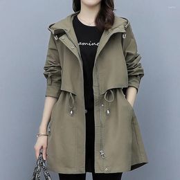 Women's Trench Coats Spring Korean Women Casual Hooded Short Coat Khaki Black Loose Drawstring Waist Long Sleeve Female Windbreaker Outwear