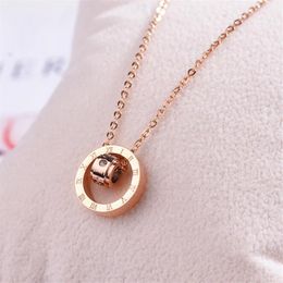 Roman numeral double circle ring diamond double Colour titanium steel necklace female rose gold clavicle chain with Jewellery pendant284s