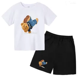 Clothing Sets 2023 Fun Bear Car Inverted Print Boy/Girl T-shirt Top Shorts 2 Piece Set Kids Summer Baby Cute Athleisure Suit For Ages 3-14