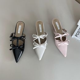 Slippers Casual Women Slippers Pointed Toe Black White Pink Bow Design Shallow Slip On Mules Shoes Thin Low Heels Summer Outside Pumps 230802