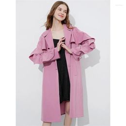 Women's Trench Coats High-Quality Windbreaker Female 2023 Spring Clothing Niche Design Lotus Leaf Edge Temperament Coat Over The Knee A08