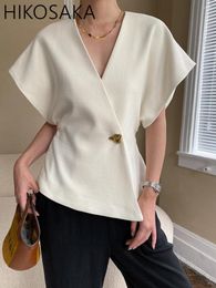 Women's Vests Korean Chic Asymmetrical Waistcoat Metal Button Slim Wasit V-neck Sleeveless Vest 2023 Summer Solid Elegant Short Sleeve Top