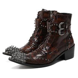 Christia Bella Punk Rivets Men Motorcycle Boots Snake Pattern Genuine Leather Ankle Boots Buckle Lace Up Cowboy Boots Male Shoes