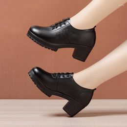 Dress Shoes 6cm Small Size 32-43 Comfortable Black Genuine Leather Women Oxfords 2023 Med Block Heels Platform Pumps For Office Mom