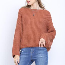 Women's Sweaters Depony Autumn Winter Pullovers Lantern Sleeve Women Brown Sweater Loose Solid Top Knit Plus Size Pullover Jumper