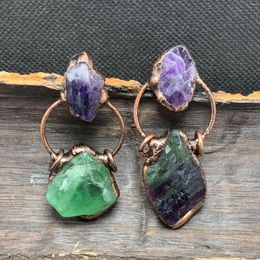 Pendant Necklaces Natural Amethysts Green Fluorite Raw Stone Freeform Bronze Retro Charms Antique Copper Necklace Vintage Jewellery