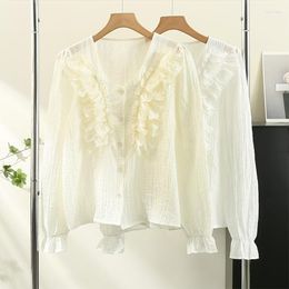 Women's Blouses Women Shirts And Bloues French Gentle Wind V-neck Ruffled Shirt 2023 Summer Chic Long-sleeved White