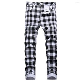 Men's Jeans Black And White Plaid Printed Fashion Cheque Digital Print Slim Straight Pants Stretch Trousers