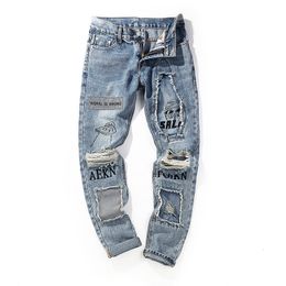 Mens Jeans Arrival Top Fashion God Men Zipper Fly Full Length Straight High Street Printing Hole In Are Male 230801