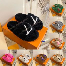 Full black with white letter Fur Slippers Winter Indoor House Wool Slides Famous Designer Womens Sandals Green Rose Red Pink Beige Brown Fluffy Fuzzy Furry Sliders
