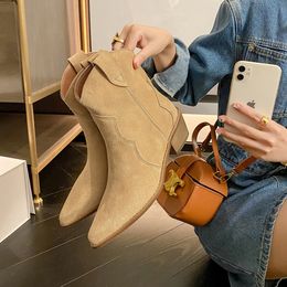 Boots 2023 Classic Western for Woman Cow Suede Pointed toe Wedges Heel Ankle Simple Comfortable Cowboy Female 230801