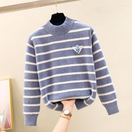 Women's Sweaters Half High Collar Striped Pullover Sweater For Women Autumn And Winter 2023 Loose Casual Cute Bear Female Top