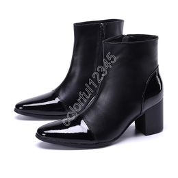 Christia Bella British Style Black Genuine Leather Men High Heel Boots Nightclub Dancer Party Ankle Boots Pointed Toe Dress Shoe