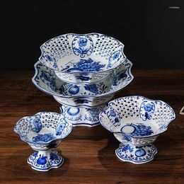 Plates Chinese Blue And White Porcelain Fruit Plate Hollow Out High Foot Basket Living Room Decor Home Underglaze Color