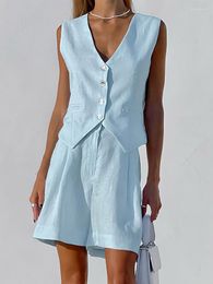 Women's Tracksuits Blue V-Neck Slim Tops Fashion Cotton Wide Leg Shorts Vacation Summer White Linen With Vest Sets Women 2 Pieces Elegant