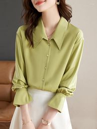 Women's Blouses Autumn Winter Green Satin Blouse Women Long Flare Sleeve Button Up White Shirts Office Lady Vintage Tops Female Casual