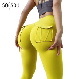 Yoga Outfit SOISOU Nylon Leggings Women's Pants Sport Yoga Pants Sexy Tight High Waist Elastic Women's Panties Pocket legging mujer 230801