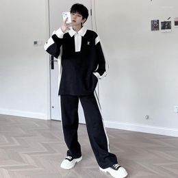 Men's Tracksuits Men Sets Black White Color Contrast Lapel Zipper Long Sleeve Sports Set Polo Shirt And Pants 2PCS Fashion Casual Suits M-XL