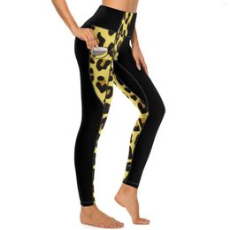 Active Pants Gold Two Tone Leggings With Pockets Cute Cheetah Print Graphic Yoga High Waist Work Out Legging Elastic Sports Tights