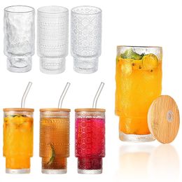 Ribbed Glassware 11oz Vintage Drinking Glasses Stackable Highball Origami Style Glass Cup Romantic Water Drinking Cups for Beverage,Juice,Beer Set of 4