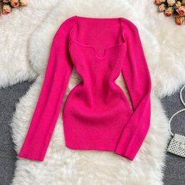 Women's Sweaters Sexy Ripped Knitted Long Sleeves Sweater Top Low-cut Square Collar Ladies Knit Blogger Favorate