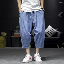 Men's Pants Men Clothing Ice Silk Cropped Jeans Summer 2023 Solid Colour Ultra-thin All-match Korean Loose Blue Hombre