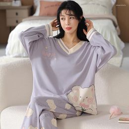 Women's Sleepwear Spring And Autumn Pajamas Long Sleeved Cotton Home Clothes V-neck Suit Sweet Cartoon Can Be Worn Outside In W