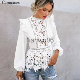 Women's Blouses Shirts Capucines Lace Splicing Ruffled High Waist White Shirts Blouse Women Hollow Out Embroidery Keyhole Back Elegant Summer Chic Tops J230802