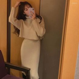 Skirts Knitted Skirt Suit Two Piece Set Autumn And Winter Women Turtleneck Sweater Coat Midi Suits Office Lady Knitting