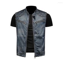 Men's Vests 2023 Motorcycle Biker Denim Vest Vintage Blue Zippers Pockets Sleeveless Jackets Punk Cowboy Fashion Wasitcoat