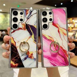 Cell Phone Cases Gradient Marble Plating Ring Holder Case For Samsung Galaxy S23 S22 S21 Ultra Plus A54 A34 A14 A24 A53 A13 5G 4G Soft Cover L230731