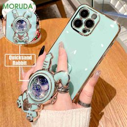 Cell Phone Cases Lucky Rabbit Love Quicksand Stand Plating Case for iPhone 11 12 13 14 Pro Max Mini X Xr Xs Max 7 8 Plus Cute Fold Bracket Cover L230731