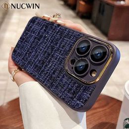 Cell Phone Cases Chic Fabric Cloth Case For iPhone 14 Pro Max 12 13 11 Pro Max 14 Plus Grid Metal Camera Protector Winter Embroidery Furry Cover L230731