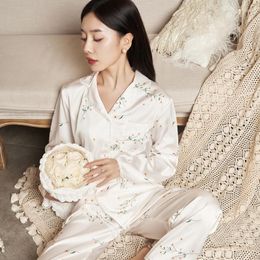 Women's Sleepwear 2023 Pajamas Set High Quality Luxury Daisy Flowers Print Loose Top Silk Like Nightwear Leisure Homewear Femme