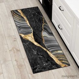 Carpets Kitchen Rug Luxury Black Gold Marble Ink Pattern Entrance Door Mat Bedroom Living Room Hallway Anti-slip Long Strip Carpet R230802