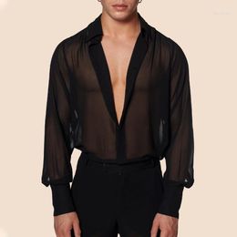 Men's Casual Shirts 2023 Summer Black Thin Perspective Shirt European Size Breathable Top Night Show Dress Men
