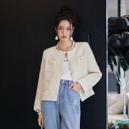 Women's Jackets Korean Fashion Woolen Coat Women O-neck Single Breasted Abrigo Mujer 2023 Autumn Winter White Tweed Female