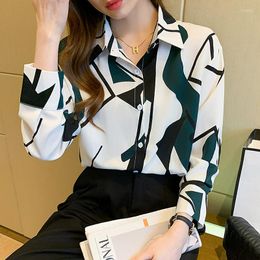 Women's Blouses Fashion Long Sleeve Chiffon Women Blouse Autumn Polo Collar Button Shirt Elegant Print Loose Tops Clothing Blusa 2023