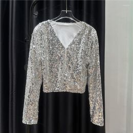 Casual Dresses Women Summer Tie Fashion Sexy V-Neck Long Sleeve Sparkly Sequins High Street Performance Stage Party Nightclub Sliver