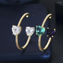 Hoop Earrings ThreeGraces Shiny Love Heart Shape Cubic Zirconia Gold Color For Women Trendy Punk Party Jewelry E1368