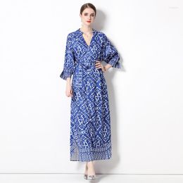 Casual Dresses Summer Runway Vintage Letters Print Collar Long Sleeve Empire Waist Women Ladies Party A-Line Maxi Dress M6009