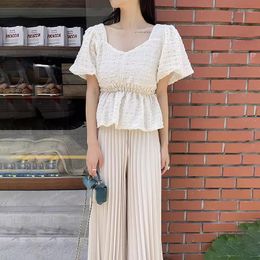 Women's Two Piece Pants Neploe French Style Elegant Bubble Short-sleeved Pleated Waist Doll Shirt Summer Draped Wide-leg Trousers Women