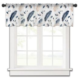 Curtain Watercolour Blue Feather Kitchen Small Window Tulle Sheer Short Bedroom Living Room Home Decor Voile Drapes