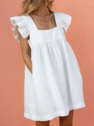 Casual Dresses Fashion Square Collar Sleeveless Backless Pocket 2023 Summer Women High Waist Loose White Ruffled Vest