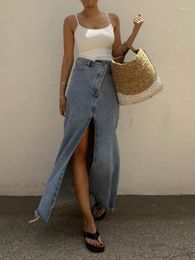 Skirts Denim Skirt Women 2023 Summer Korean Fashion Clothing High Waist Irregular Blue Long Pencil Casual Mid-Calf Jean Style