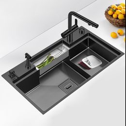SUS 304 Stainless Steel Nanometer Black Large Size Kitchen Step Sink 4mm Thickness Handmade Step Single Kitchen Sinks
