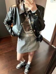 Women's Jackets Fashion Women Faux Leather Shorts Jacket Winter Coats Lapel Long Sleeve Tops Black PU Outwear Female Punk Clothing