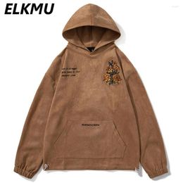 Men's Hoodies Floral Embroidery Hooded Sweatshirts 2023 Spring Autumn Men Suede Hoodie Loose Casual Harajuku Streetwear Hip Hop Y2K